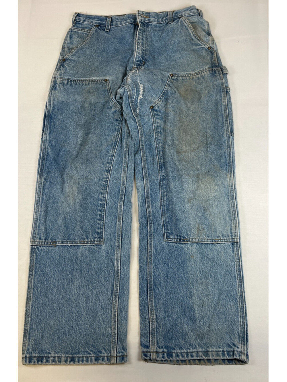 Carhartt Double Front Work Dungaree Jeans Mens 33x30 Blue Denim B73 DST Distress